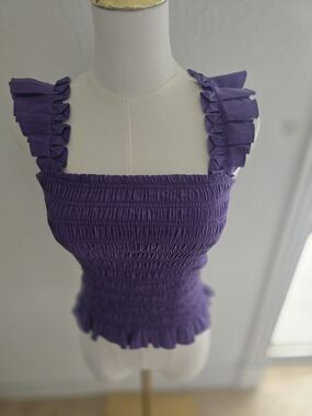 2 Ramy Brook Purple Tops Lot Size Large Ruffle Smocked & Printed Blouse